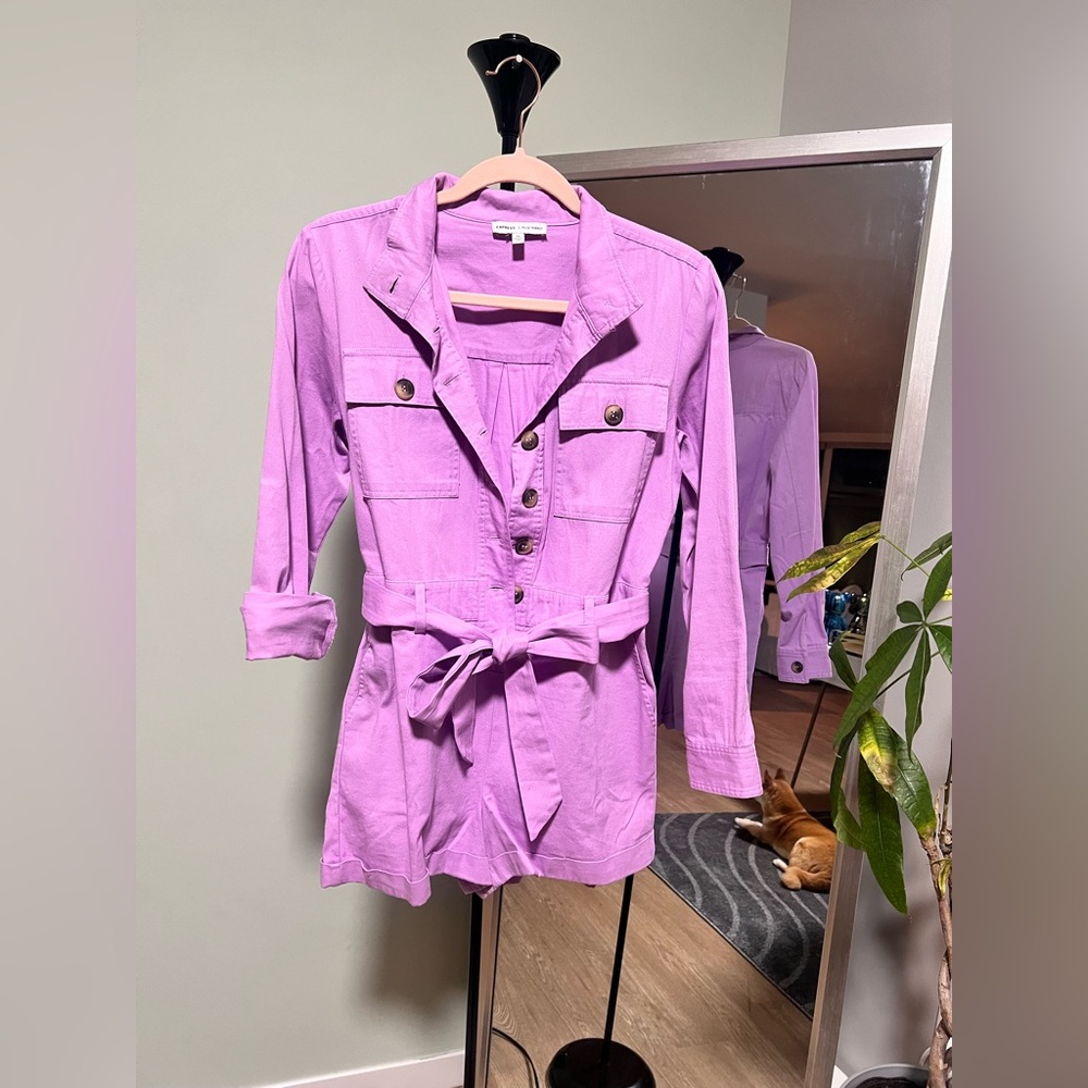 EXPRESS x ROCKY BARNES Womens BUTTON FRONT TIE WAIST TWILL ROMPER purple - XS
